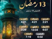 موعد الإفطار وعدد ساعات الصيام فى اليوم الـ13 من شهر رمضان 2025