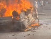 حادث تصادم بين 7 سيارات واشتعال النار فى سيارة ملاكى أعلى دائرى المنيب