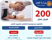 وزارة العمل تعلن 200 فرصة عمل بالتعاون مع مؤسسة التضامن للتمويل الأصغر