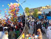 زفة بالجمال وجريد النخل والبالونات.. أهالى النوبة يواصلون إحياء المولد النبوى رغم انتهاء الاحتفالات.. رجال ونساء وأطفال جزيرة هيسا يطوفون الشوارع بالمدائح والأناشيد.. سياح يشاركون بالطوفة ويشيدون بالأجواء.. صور