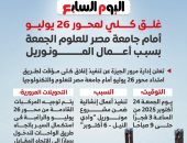 التحويلات المرورية أثناء الغلق الكلى لمحور 26 يوليو أمام جامعة مصر.. إنفوجراف