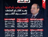 الصحف العالمية اليوم والمتحف المصرى الكبير.. صحف أمريكية: أحدث كنوز مصر يحمل أقدم قصصها برسالة عصرية.. بريطانية: الرئيس السيسى أضفى طابعا دوليا على حفل الافتتاح .. أوروبية: جسر بين مجد الفراعنة ومستقبل السلام