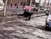 شرطى يفتح بلاعة بيده على دائرى المعادى لتصفية مياه الأمطار.. فيديو
