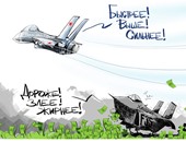 بالكاريكاتير.. مقاتلة واحدة " سو – 27" روسية تدمر 3 مقاتلات "إف – 35"