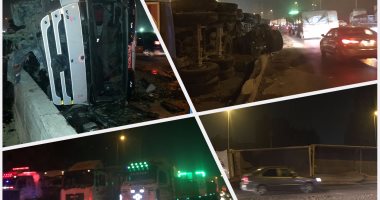 توقف حركة مرور طريق القاهرة - إسكندرية لانقلاب مقطورة محملة بالطوب فى قليوب