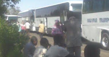 بالصور.. 18 أتوبيس سودانى عالقين بسبب قطع النوبيين لطريق أبوسمبل