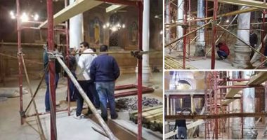 بالصور.. "يد تبنى وأخرى تحمل السلاح".. الهيئة الهندسية تبدأ ترميم "البطرسية".. رفع السقالات لترميم الأيقونات الأثرية ولوحات الفسيفساء..كاهن الكنيسة: العمل يجرى ليل نهار لتجهيزها لصلاة قداس عيد الميلاد