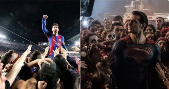 بالصور.. جماهير برشلونة تشبه ميسى بـ"سوبر مان"