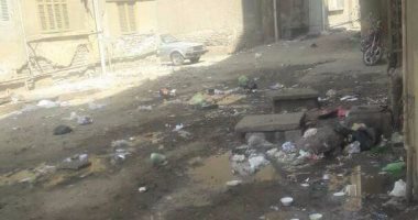 طفح مياه المجارى والقمامة تحاصران سكان عمارات التموين فى المنشية بالقليوبية