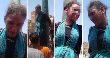 بالفيديو والصور.. أهالى بلبيس بالشرقية يعلقون سيدة بعمود إنارة لمحاولتها خطف طفلة