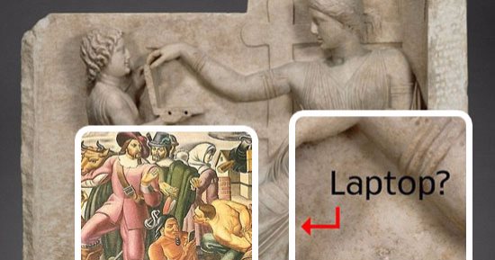 بالصور.. "فن سابق سنه".. هاتف ذكى مع هندى أحمر وخادمة يونانية تحمل لاب توب فى لوحات فنية قديمة.. ودافنشى يخترع العدسات اللاصقة منذ عام 1508.. والفراعنة ينفردون بطائرة خشبية  