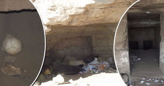 كارثة بالصور .. حكام أسوان القدماء يستغيثون.. خفافيش تتخذ من مقابر النبلاء سكنا ودماؤها تطمس النقوش الفرعونية.. والقمامة تملأ المكان.. وجمجمة ملقأه على الأرض.. والآثار لم تتحرك رغم الاستغاثة
