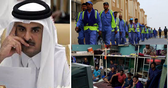 عمال قطر عيدهم أسود بسبب ممارسات نظام تميم.. حياة غير آدمية وانتهاكات مستمرة فى حق العمالة الآسيوية والأفريقية ووفاة المئات منهم.. عمال ملاعب مونديال 2022 الأكثر بؤسا.. وتقارير أجنبية: يعاملون كـ"العبيد"