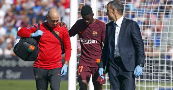 ديمبلى مهدد بالغياب عن برشلونة لمدة شهر بسبب الإصابة