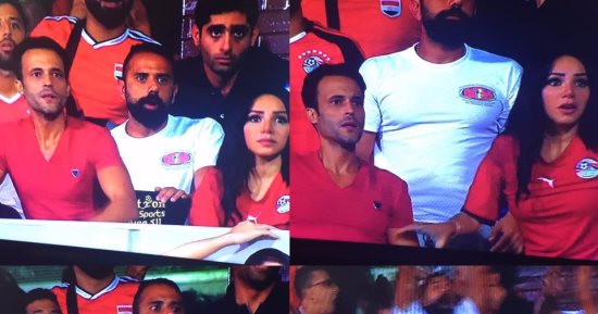 عناق بين يوسف الشريف وزوجته احتفالا بتأهل مصر لكأس العالم 2018