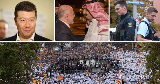 العالم هذا المساء بالصور.. رجل يطعن أشخاصا بسكين فى ألمانيا.. 450 ألف كتالوني يتظاهرون للمطالبة بالاستقلال.. الملك سلمان يستقبل رئيس وزراء العراق فى قصر العوجا.. الحركة الشعبوية تفوز بالانتخابات العامة بالتشيك