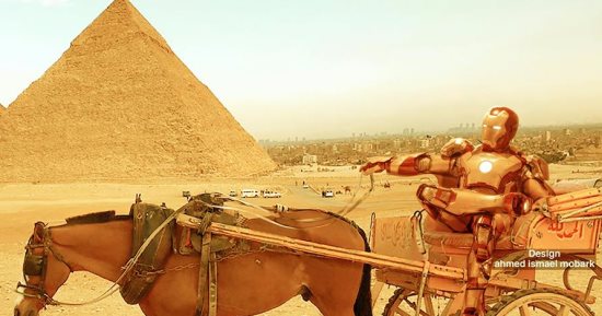صور.. أشهر شخصيات الأبطال الخارقين بشوارع مصر.. "ايرون مان" فى الأهرامات