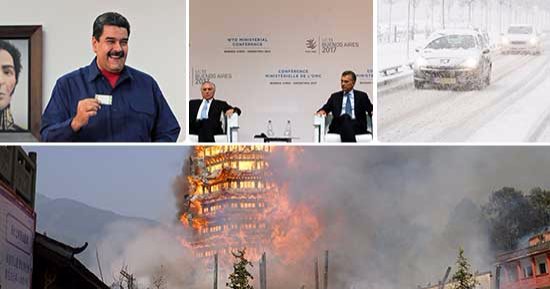 صور.. العالم هذا الصباح.. الثلوج تعرقل حركة النقل والسير فى أوروبا.. النيران تلتهم معبدا بالصين.. العاصمة الأرجنتينية تفتتح فعاليات قمة منظمة التجارة العالمية.. و"مادورو" يعلن فوز حزبه بـ90% من بلديات فنزويلا