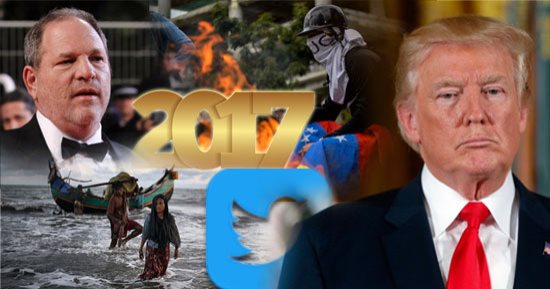 أبرز أحداث العالم×2017.. تغريدات "ترامب" وشبهات التآمر مع روسيا.. فضحية "واينستين" تهز هوليوود.. كوارث مناخية وطبيعية تهدد الأرض.. انهيار فنزويلا اقتصاديا.. وميانمار تبيد الروهينجا.. وسقوط "موجابى" زيمبابوى