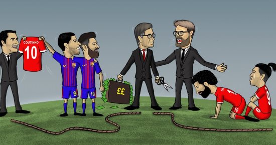 كاريكاتير.. كوتينيو يفلت من محمد صلاح وفيرمينو ويطير إلى برشلونة