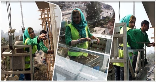 "سبايدر وومن" هيا تطير فى الجو علشان لقمة العيش لتنظيف زجاج العمارات