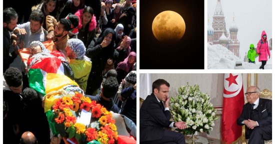 صور العالم هذا المساء.. سماء الأرض فى موعد غرامى مع القمر الدموى.. فلسطينيون يشيعون جثمان الشهيد أبو نعيم بقرية المغير.. الثلوج تغطى شوارع العاصمة الروسية.. و"ماكرون" يبحث مع "السبسى" العلاقات الفرنسية التونسية