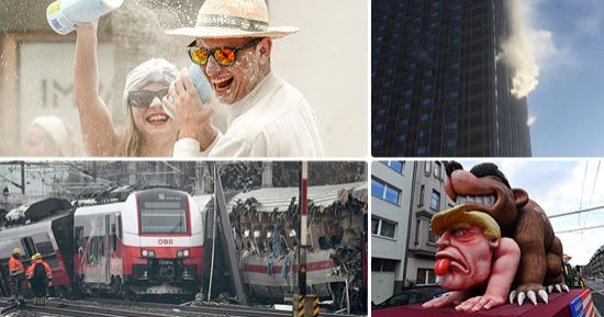 صور.. العالم هذا المساء.. مصرع امرأة وإصابة 22 فى تصادم قطارين بالنمسا.. إجلاء 230 شخصا بسبب حريق فى أشهر فنادق موسكو.. انطلاق مهرجان المساحيق البيضاء بإسبانيا.. والألمان يسخرون من ترامب وماى فى الكرنفال السنوى