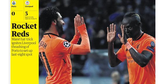 محمد صلاح ومانى يتصدران صحف إنجلترا بعد خماسية ليفربول