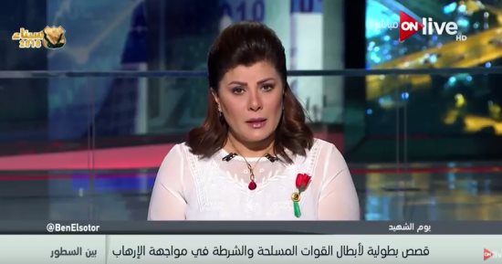 أمانى الخياط تضع وردة حمراء للاحتفال بيوم المحاربين القدماء