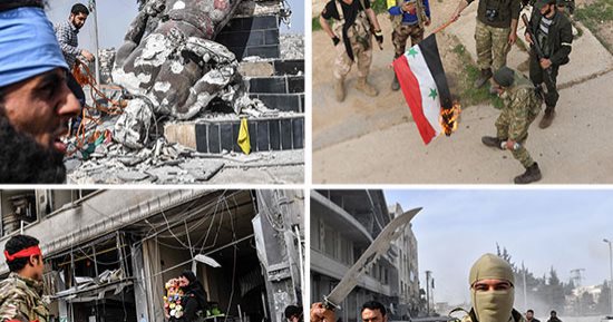 صور.. مرتزقة "أردوغان" يحرقون العلم السورى فى عفرين.. مليشيا "الخليفة العثمانى" يدمرون مواقع أثرية ومسيحية ويهدمون تمثالا كرديا تاريخيا.. وقنابل الطائرات التركية تقصف المنازل وتجبر المدنيين على الفرار 