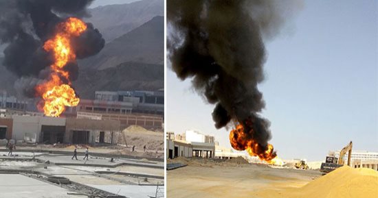 صور.. تفاصيل انفجار خط غاز فى العين السخنة.. مصرع 3 عمال وإصابة 9 بحروق خطيرة.. التحقيقات: اصطدام لودر بالخط وراء اشتعال النيران.. وسيارات الإطفاء تسيطر على الحريق وتمنع امتداده لمواقع عمل مجاورة