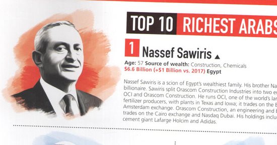 ناصف ساويرس يتصدر قائمة فوربس لأثرياء العرب 2018 بـ6.6 مليار دولار 