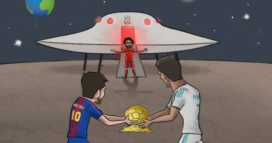 كاريكاتير.. محمد صلاح يخطف الكرة الذهبية من رونالدو وميسي