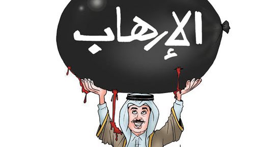 بالونة الإرهاب "المخرومة" تغرق تميم بالدماء فى كاريكاتير اليوم السابع