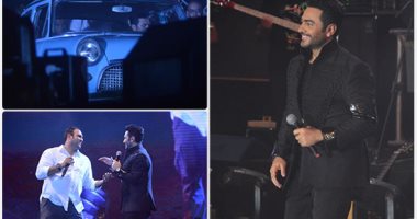 صور .. تامر حسنى فى حفل عالمى بالساحل الشمالى.. استعراضات ضخمة لأغنية عيش بشوقك.. النجم يصعد على خشبة المسرح بسيارة وأكرم حسنى يقدم الحفل .. والأسرة تحتفل بعيد ميلاده وسط الجمهور