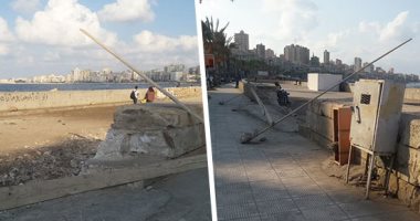 صور.. كلاكيت تانى مرة.. هدم جزء من سور كورنيش الإسكندرية التراثى بسبب أعمال الحماية البحرية.. لجنة التراث ترفض المشروع: الهدم تم بطريقة غير علمية.. والآثار: السور غير مسجل.. والمحافظة: حفظ الأحجار لإعادتها