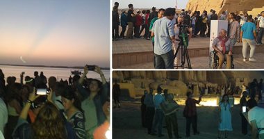 فى يوم مولده.. الشمس تضىء وجه رمسيس الثانى.. 4 وزراء ومحافظ أسوان يشهدون الفعالية.. السياح يلتقطون "السيلفى" أمام معبد أبو سمبل.. وآخرون يتابعون التعامد على وجه "قدس الأقداس" من فوق كراسى متحركة .. صور