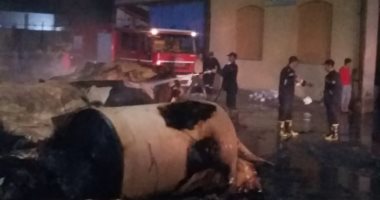 صور.. الدفع بـ7 سيارات إطفاء للسيطرة على حريق بمصنع كارتون بالخانكة