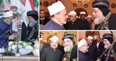 شيخ الأزهر ووزير الأوقاف والمفتى يزورون البابا تواضروس لتهنئته بالعام الميلادى الجديد.. الإمام الأكبر: مشاعر التراحم من الإسلام.. قداسة البابا: زيارتكم تسهم فى نشر السلام.. مختار جمعة: أبلغ رد على المتشددين