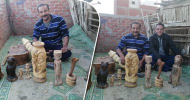 "مفيش مستحيل".. أحمد يتحدى إعاقته بنحت تماثيل خشب على سطح منزله ببنى سويف.. ويؤكد: أصبت بشلل نصفى بعد سقوطى من أعلى سقالة.. وأعمل للإنفاق على أبنائى وحصلت على شهادة محو الأمية.. وأحلم بورشة ومعدات حديثة.. صور