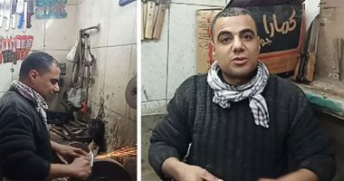 "أسن السكين.. أسن المقص".. صاحب أقدم ورشة ببنها لسن السكاكين وأدوات الجزارة: بعمل فى المهنة من 50 سنة.. والغلطة فيها بفورة.. وبرفض سن المطاوى والسنج..ومسنة العرائس الصينى وقفت حالنا.. وموتور الكهرباء رحم رجلينا
