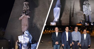 صور.. فى حفل تاريخى واجهة معبد الأقصر تعود لتاريخها بإزاحة الستار عن تمثال الملك رمسيس .. رئيس الوزراء ووزراء الآثار والسياحة والسفراء والنواب يشهدون الحفل العالمى.. وزاهى حواس يهدى قبعته وكتاب لمدبولى 