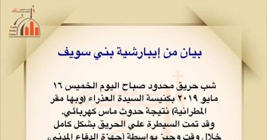 الكنيسة: ماس كهربائى يشعل حريقًا محدودًا بمطرانية بنى سويف
