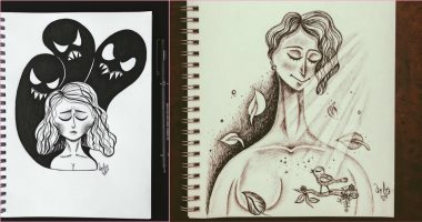 "نورا" رسمت أحلام ومخاوف وطموح بنات حواء فى لوحات "عميقة بس بسيطة".. صور
