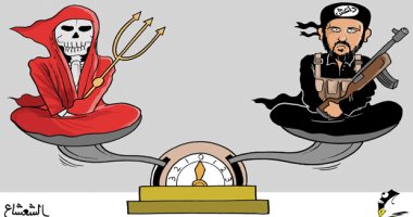 كاريكاتير سعودى.. داعش والشيطان طرفى ميزان الشر فى العالم