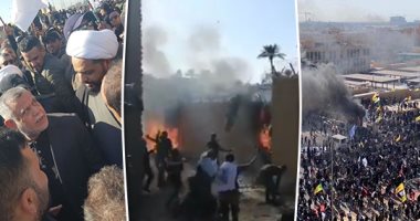 "الموت لأمريكا".. محتجون عراقيون يقتحمون حرم السفارة الأمريكية فى بغداد.. المتظاهرون يحرقون العلم الأمريكى وإحدى بوابات المبنى الدبلوماسى..والموظفون يغادرون المقر.. والأمن يكتفى بإطلاق الغاز المسيل.. فيديو وصور