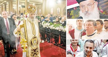 رجال حول البابا تواضروس فى قداس عيد الميلاد المجيد..  القمص سرجيوس: صاحب الدعوات.. إبراهيم عياد: كروان ألحان العيد.. اللواء نبيل رياض: حصن الحماية.. ورئيس الكشافة: مدير العمليات
