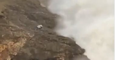 مجنون تصوير.. رجل يخاطر بحياته لالتقاط صورة أمام بحر هائج فى ويلز.. فيديو