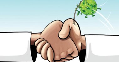 كاريكاتير صحيفة سعودية .. انتقال عدوى فيروس كورونا عبر المصافحة بالأيدى  