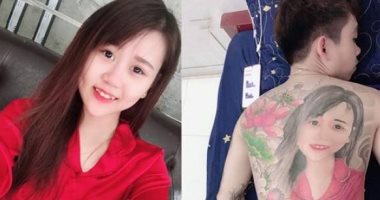 على طريقة تمر حنة.. شاب يرسم صورة عملاقة لخطيبته على جسده × 24 ساعة.. صور